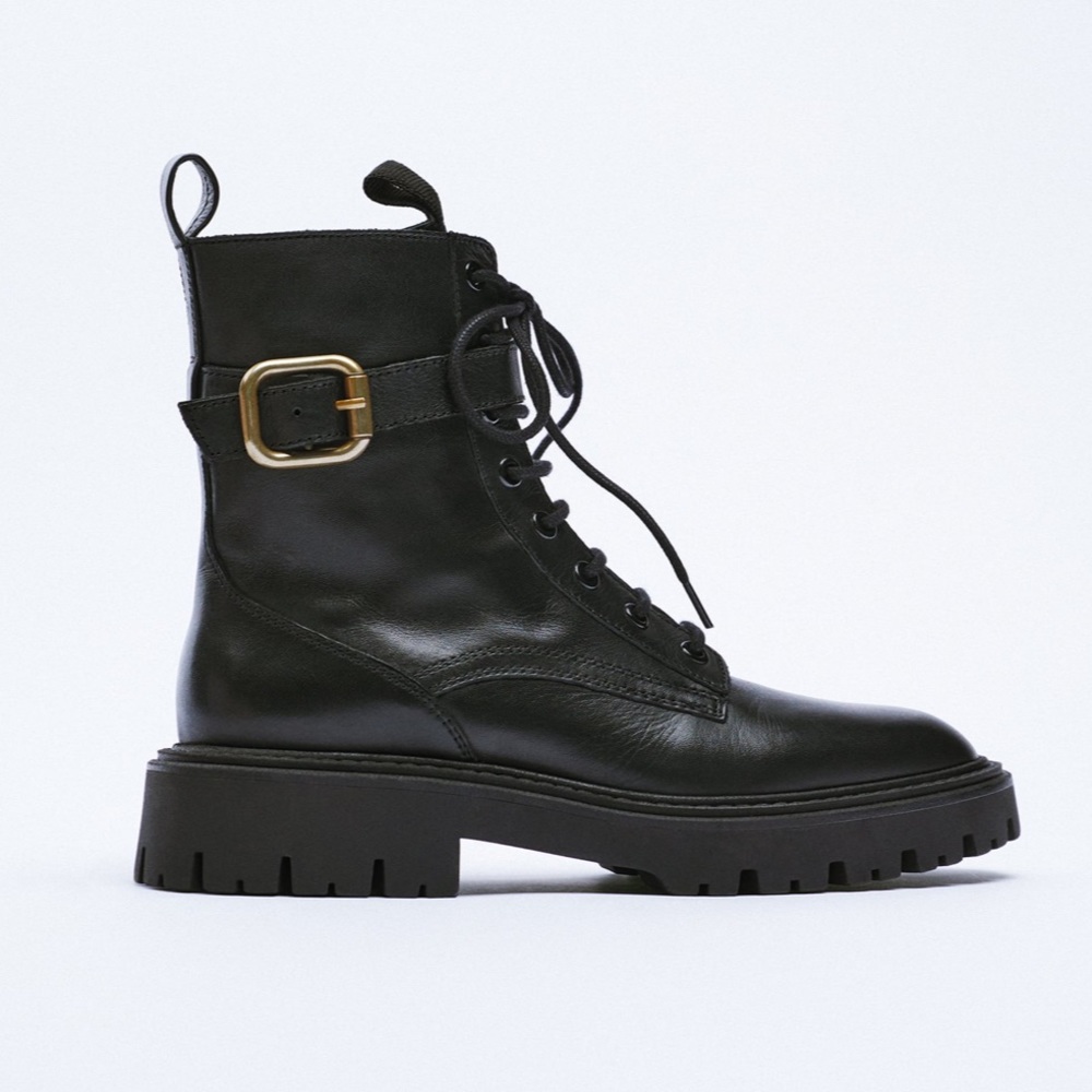 Zara Laced Leather Ankle Boots with Buckle (39) - NWT